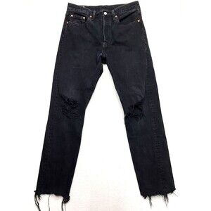 LEVIS Premium 501S Black Jean Women 28x28 Distress Denim Fray Ankle Button Fly